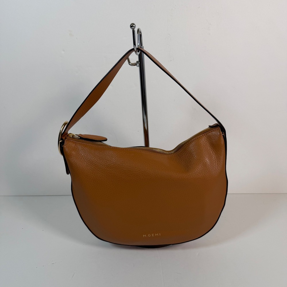 M.Gemi Italian Pebbled Leather Hobo Shoulder Bag Cognac Brown Minimalist Luxury - Picture 3 of 11